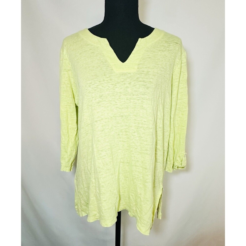 Chico's Linen Pale Neon Green Semi Sheer 3/4 Sleeve Shirt Top Women's 1‎ (MED)